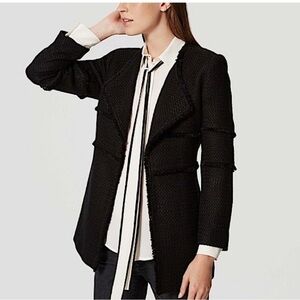 EUC ANN TAYLOR LOFT TWEED DRAPED FRINGE JACKET BLAZER, size medium